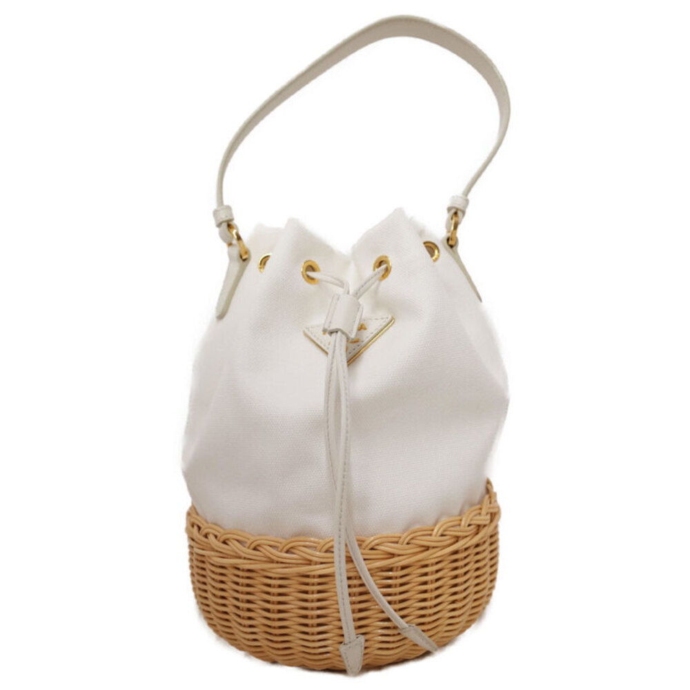 Prada white canvas natural wicker Basket bucket bag leather